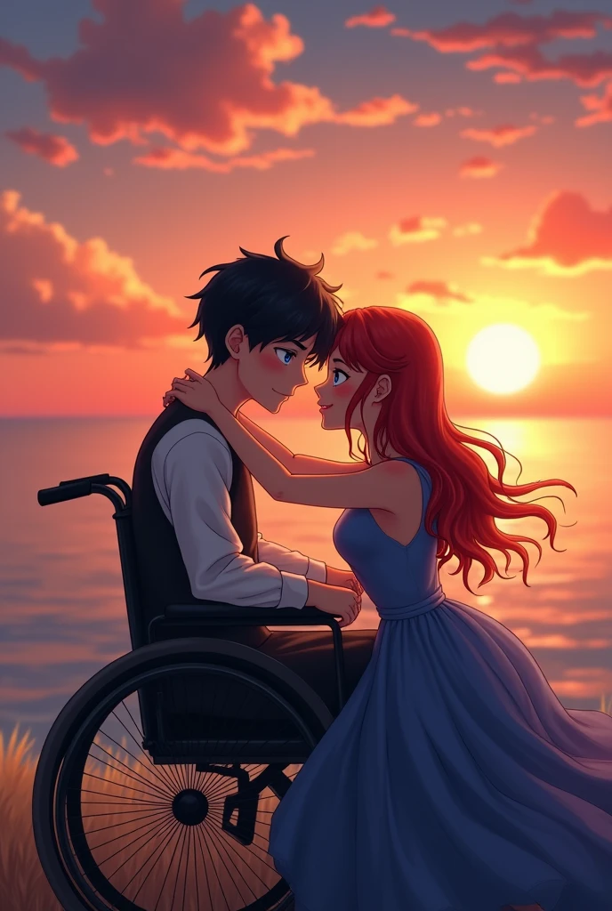 a white man, blue eyes, Black haired man is sitting in a wheelchair and a red haired woman in a blue dress is hugging him as the two smile while looking at the sunset. 