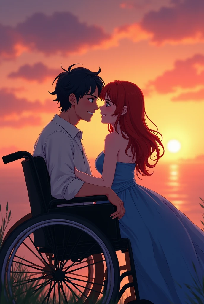 a white man, blue eyes, Black haired man is sitting in a wheelchair and a red haired woman in a blue dress is hugging him as the two smile while looking at the sunset. 