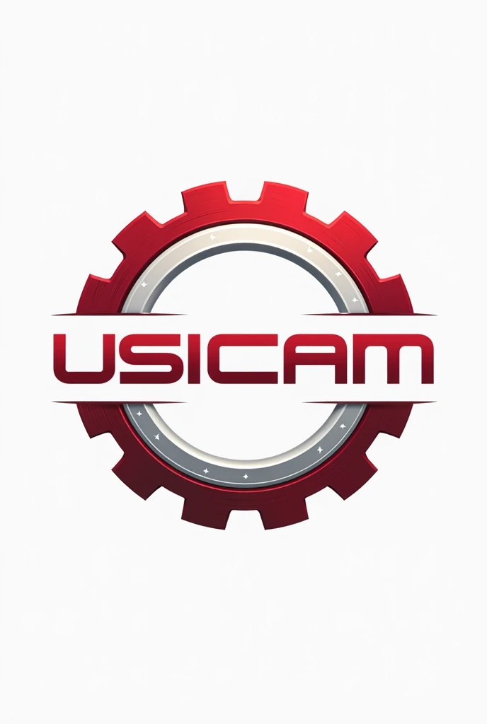 Create a logo with name "Usicam" with gears following the image and with a color palette: rot, white and light gray