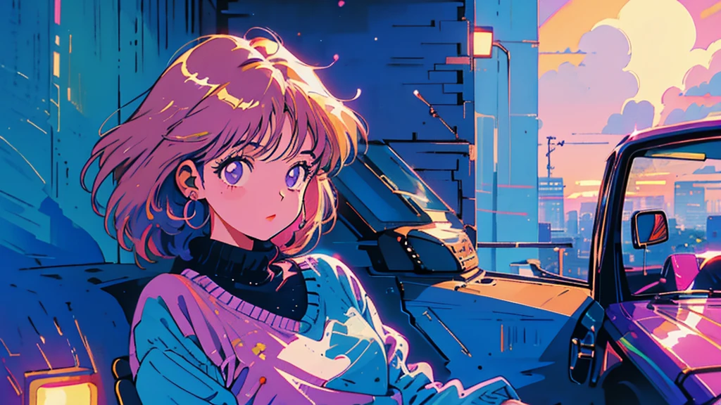 City Pop　chill　night　Retro　night景　the 90s　purple　pink　room　Looking out the window　lofi 　Looking into the distance　The person is small　dusk　profile　Large background　(One person:1.5)　Only one person　Lo-Fi　Lo-Fi女子 pinkpurple