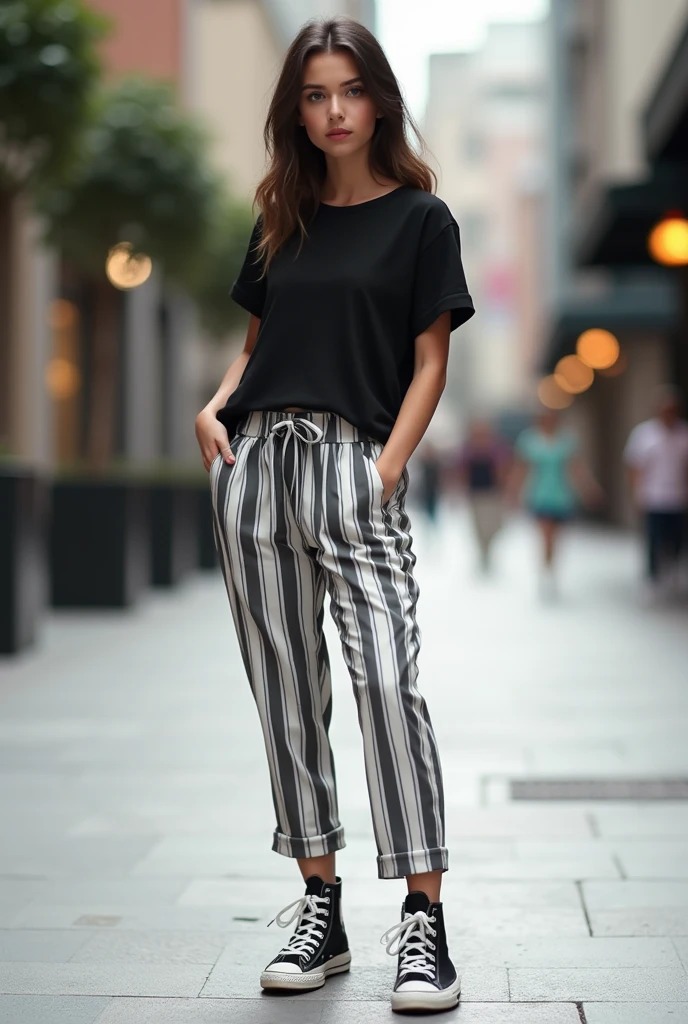 Make a girl wearing a normal black shirt, wearing a white with a veritical stripes all over the cropped pants that is 2 inches below the knee and a chuck taylor black high cut. Make the pants white with grey stripes