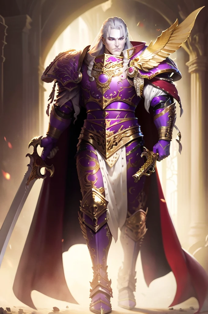 Photo of fulgrim in full armor, wearing intricate ornamented metallic armor, holding weapon, scale details, walking,
(man:1.2), heavy armor, epic, reflective metal, cape, silver trimmings, sword details, sword detail, 
upper body focus, tall stature, white hair, violet eyes, androgynous, 
 