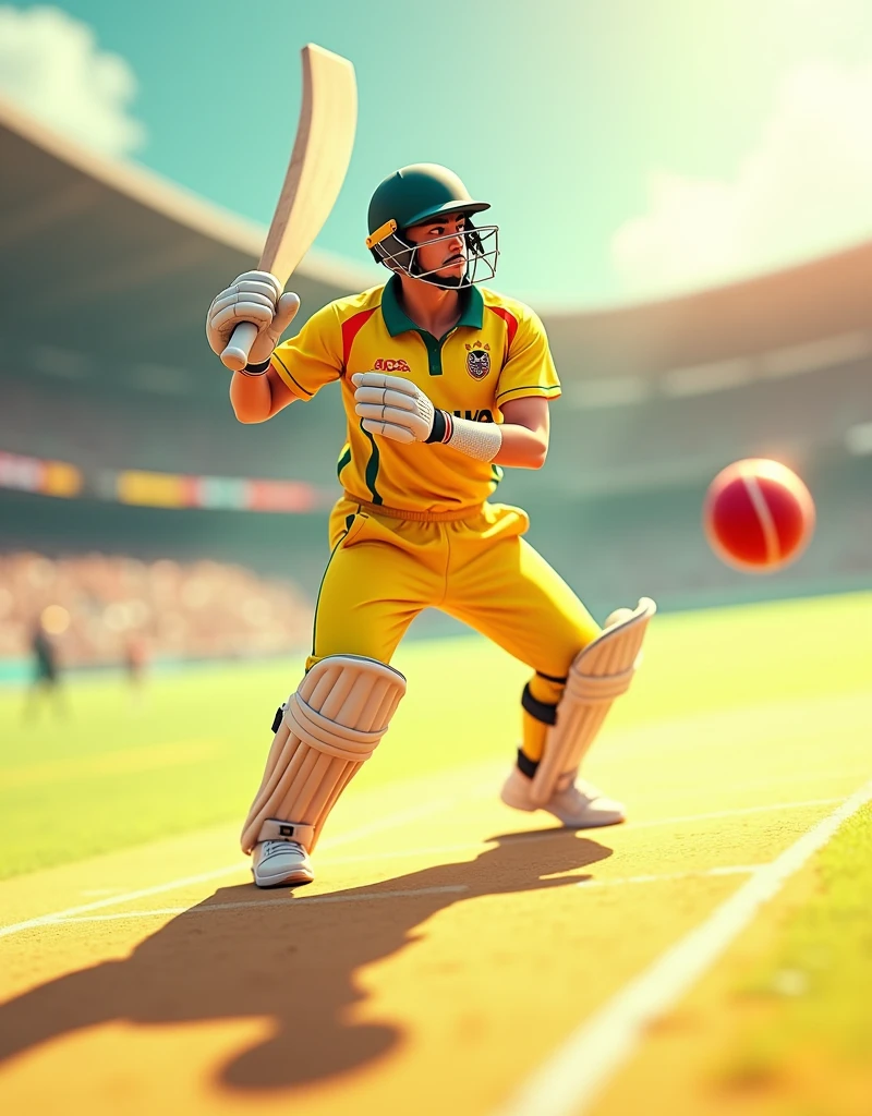 Give me a yellow jersey，A cricket player wearing white sneakers and with AUS written on his jersey holding a cricket bat in both hands preparing to hit the ball，顶光drop shadow, anaglyph, stereogram, tachi-e, ass pov, atmospheric perspective, 8k, super detail, best quality waiting to start