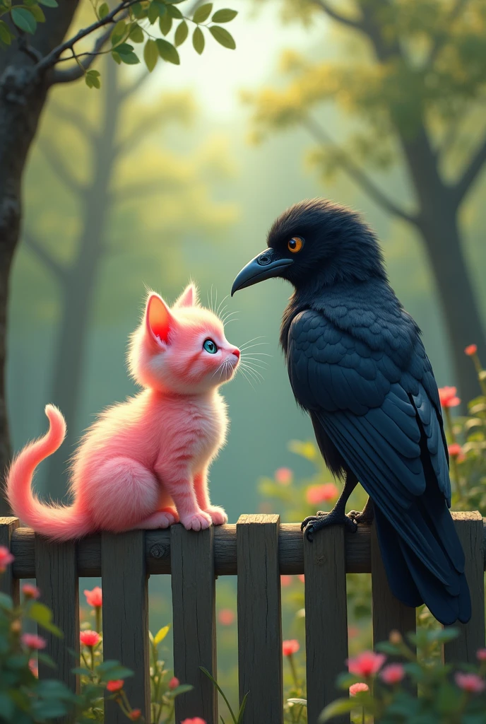 The Birth of the Pink Cat .The Encounter with a Crow, One day, while exploring, the pink kitten encounters a large, intelligent-looking crow. The crow caws loudly, startling the kitten, but soon they start to communicate in their own unique way. The crow, perched on a fence, seems to share secrets of the world beyond the park, sparking the kitten’s desire for adventure.