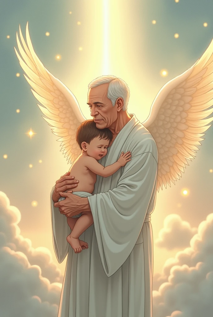Create an black outline drawing of an old angel holding his grandson who is also angel. The wing color of old angel should be in golden yellow and the grandson should have blue wings. The wings should be small.