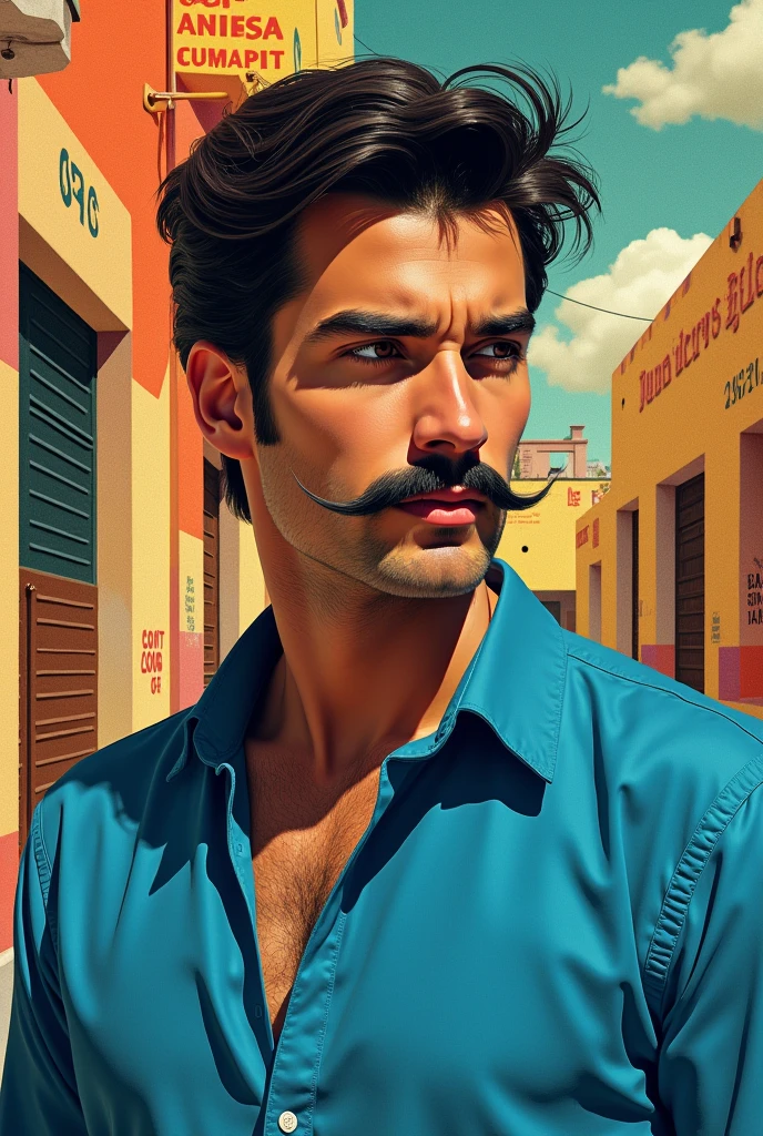 There is a man with a mustache and a blue shirt, mexican mustache, with trimmed mustache, Herald Ortega, Rafael, by Rodolfo Morales, Juanmao, julio lacerda, handsome man, in 1 9 8 5, with mustache, by German Londono, inspired by Joaquín Torres García, Ron, diego 5
