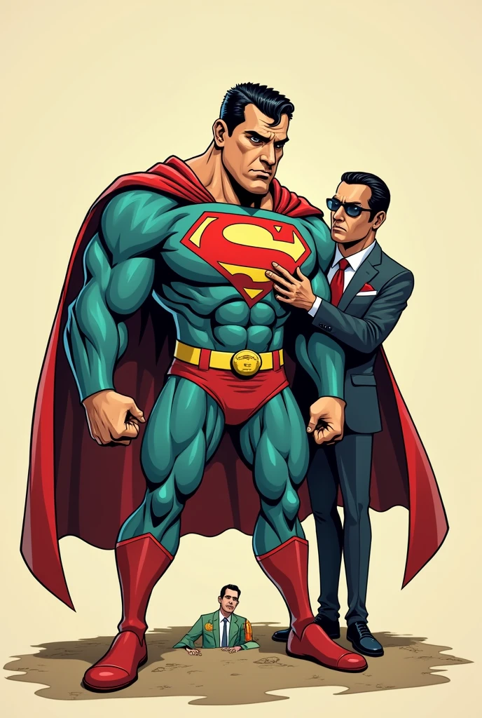 Create a Hero Cartoon "M" bending down without strength with the face of Pablo Marçal with M on his chest and with Guilherme Boulos showing the kryptonite in the shape of Alexandre de Moraes 
