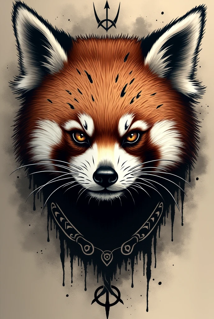 A tattoo of a red panda, black and white eats well-marked lines, in the black work style adds elements of horror and Norse mythology 
