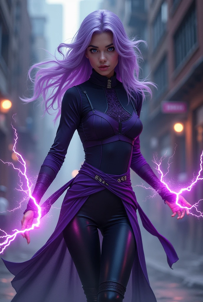 magnetic ninja, purple and black ninja suit, lavender hair, electric, lightning manipulation