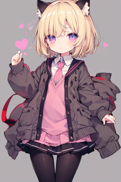 Blonde Cardigan、Pink Skirt、Putting on a collar、Elementary school girl、platinum blonde short cut,Very beautiful and Shining Eyes、Shining Eyes、1 person、Cat ear、(((((Small body)))))、heart❤、((Sweat、vapor)）