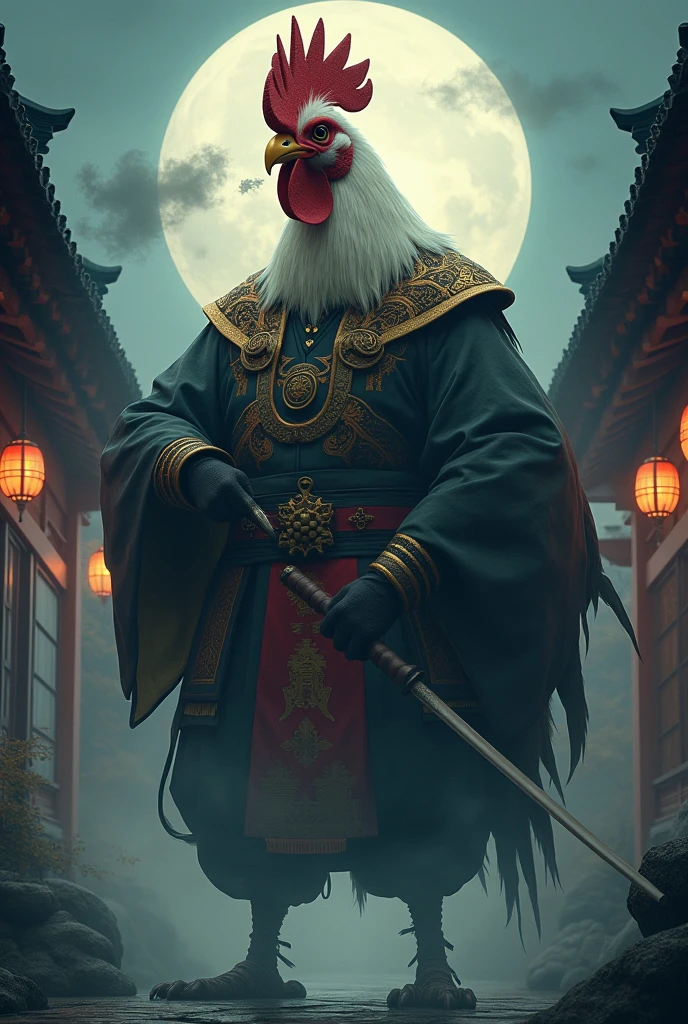 A giant rooster, surrounded by smoke, with oriental feudal clothing, with a golden beak and an eye patch, smoking a cigarette with a long black wooden cigarette holder, with bokken swords, Na cintura, on a full moon night in a Japanese temple