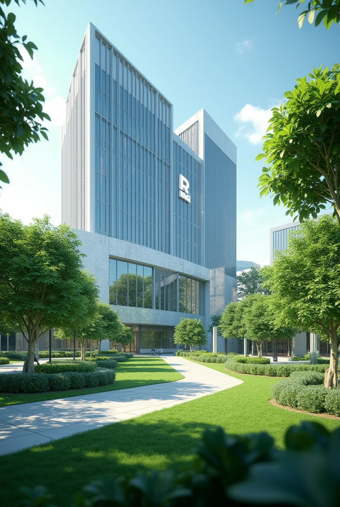 I want an animated image of a company that is a large and spacious building with green areas,
and that the Company has the letter R and the letter W.