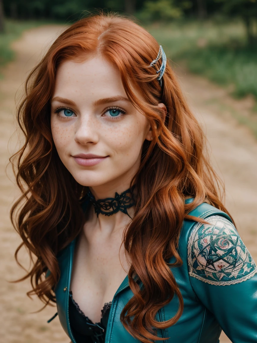 Absurd, Raw-Photo, top quality, (Masterpiece: 1.3), Color photography in RAW format with high detail, professional photo, extremely detailed 8k CG wallpaper block, foto-realist, realist, Raw-Photo, Masterpiece, better quality, A high resolution, 1 girl, 16 years, short, tiny girl, Slim, white, Ginger, Red hair, red hair with curls, Wavy hair, curly hair, Average length, skinny legs, perfect beautiful face with freckles, chin hole, dimples, when you smile, Cardoon lips, belos olhos realists, green right eye, blue left eye, heterochromia, pale skin, detailed skin texture, flat chest, Very , small ass. Red roses tattoo on shoulders, tattoos on forearms and hands. Ginger. smile. Looking over glasses. . Suada. Witch style. Pagan style, Celtic, Wiccan. Scottish. She looks amazing. ( pussy leather jacket, corset in blue and white stockings with embroidery, pentagram collar at the neck, metal sunglasses, carries a katana sword on his back, detailed design), House, night