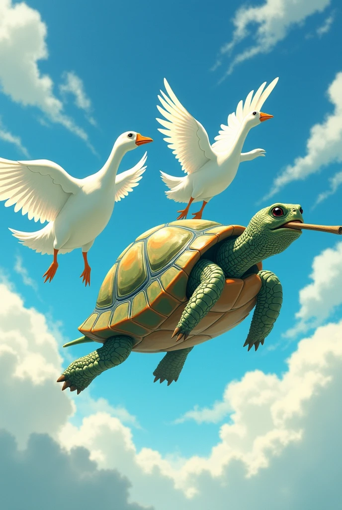 Turtle flying with the geese, sky, turtle, geese, The turtle is sucking on a stick.geese are flying with it on their feet, stick, flying, anime, like anime, pretty, illustration, geese is pulling the tortoise. 