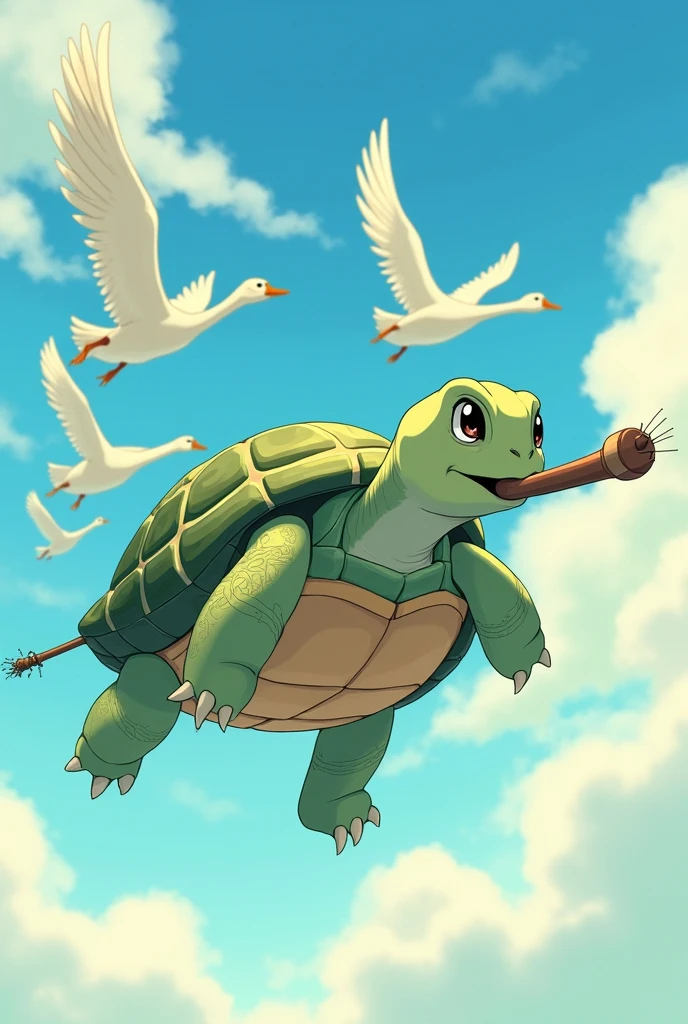 Turtle flying with the geese, sky, turtle, geese, The turtle is sucking on a stick.geese are flying with it on their feet, stick, flying, anime, like anime, pretty, illustration, geese is pulling the tortoise. 