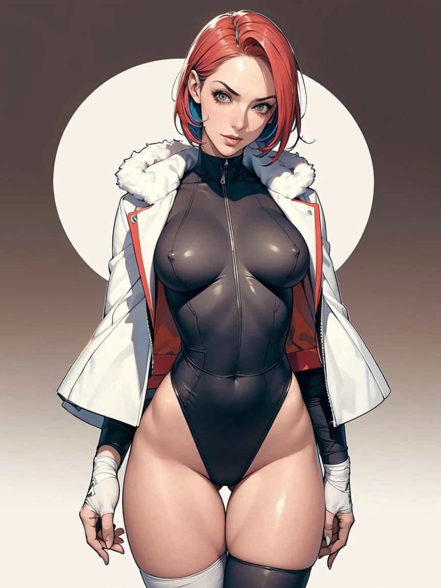 (((Annie Lennox))), (((colorful suit))), (scars), (((bandaged arms))), (((colorful clothes))) (( hood)), (((best quality: 1.4))), (Unbeatable masterpiece), (hyper HD),(CG 8k hyper-realistic), beautiful face, (((breasts big))), (((hyper feminine))), sexly girl, ((round face)), black tattoo,(ultra short red hair with white highlights)), ((( sculptural body ))), (((1 Kizi))), Kizi tatuada de 25 anos com perfect body, perfect hands, perfect fingers ,Beautiful and well-groomed face, (round face), muscular body:1.2,solid color detailed jacket, (Head to thigh photos), Complex equipment, ,Tight clothes,With white stars and off-white stripes,,,,,Armor Metal Electronic Parts, Poison tattoos ) INFO, Kizi, (((standing alone))), , 24歳, sexy, pose de attitude, work of art, dancing, ((slight smile)), post-apocalypse, (((manga style))), bounty hunter, the way you want, perfect body, roupa moderna, advanced technology, white, yellow accent, black, red accent, fur collar jacket, sleeves with vertical striped pattern, background city, (( cowboy shot )). intricate visual, narrow waist, (((wide hips))), wide hips, fit thighs, (((thigh gap))), Thigh gap, background shows a futuristic airplane, open expression, expression happy