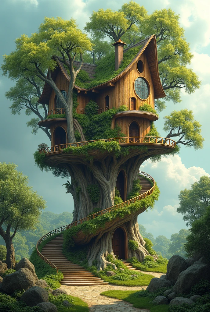 A two-story house that has stairs but is shaped like a large tree., but don't let it be so noticeable, Let the house be the tree , advanced