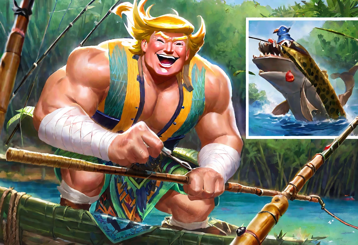 Donald Trump (bandage on one ear, happy grin, muscular, conan outfit) is fishing with a bamboo fishing rod, he is bringing in a large fish that is thrashing, forest pond
