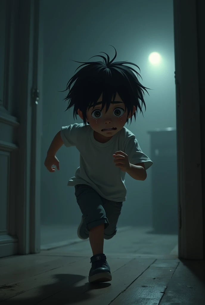 Black haired boy running crying a lot in a dark room