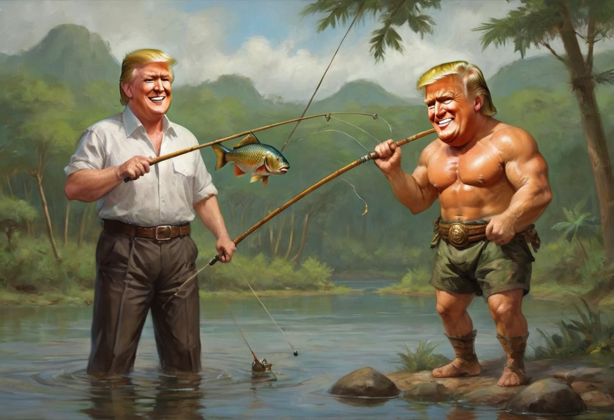 Donald Trump (bandage on one ear, happy grin, muscular, conan outfit) is fishing with a bamboo fishing rod, he is bringing in a large fish that is thrashing, forest pond