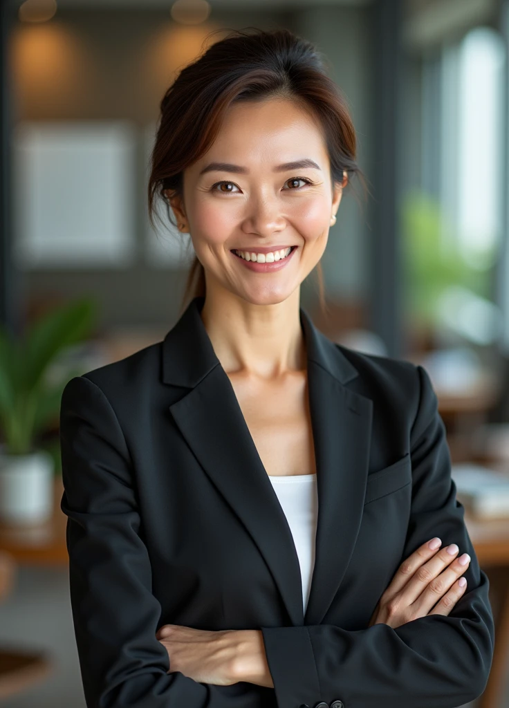 A 57-year-old thai women that is still very beautiful like middle-aged women, 
Have confidence and happy life,white skin, Height 160, Slim like a middle-aged woman, but still considered a beautiful figure., full body, Wear work clothes, In the office, 4K, high definition, realistic