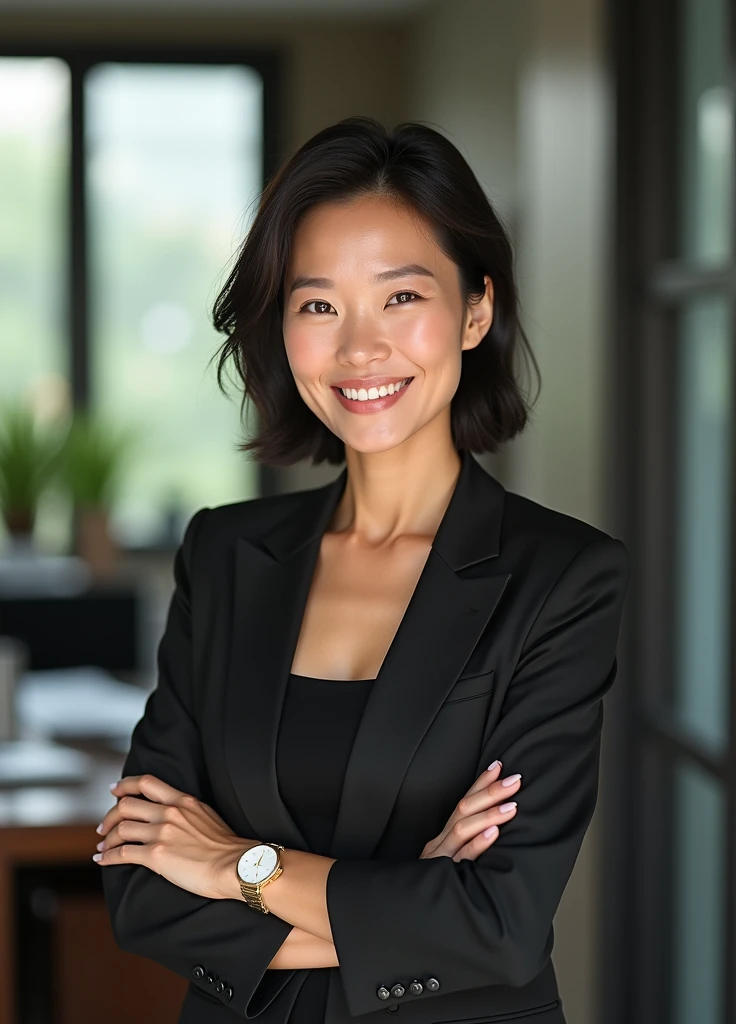 A 57-year-old thai women that is still very beautiful like middle-aged women, 
Have confidence and happy life,white skin, Height 160, Slim like a middle-aged woman, but still considered a beautiful figure., full body, Wear work clothes, In the office, 4K, high definition, realistic