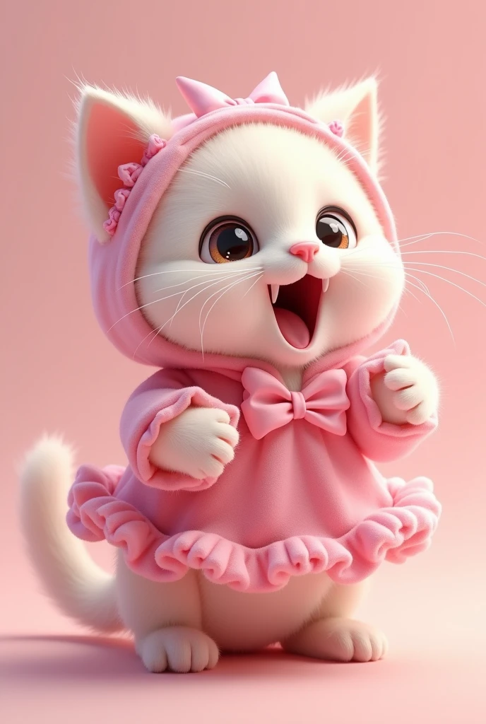 A cat dressed in pink singing