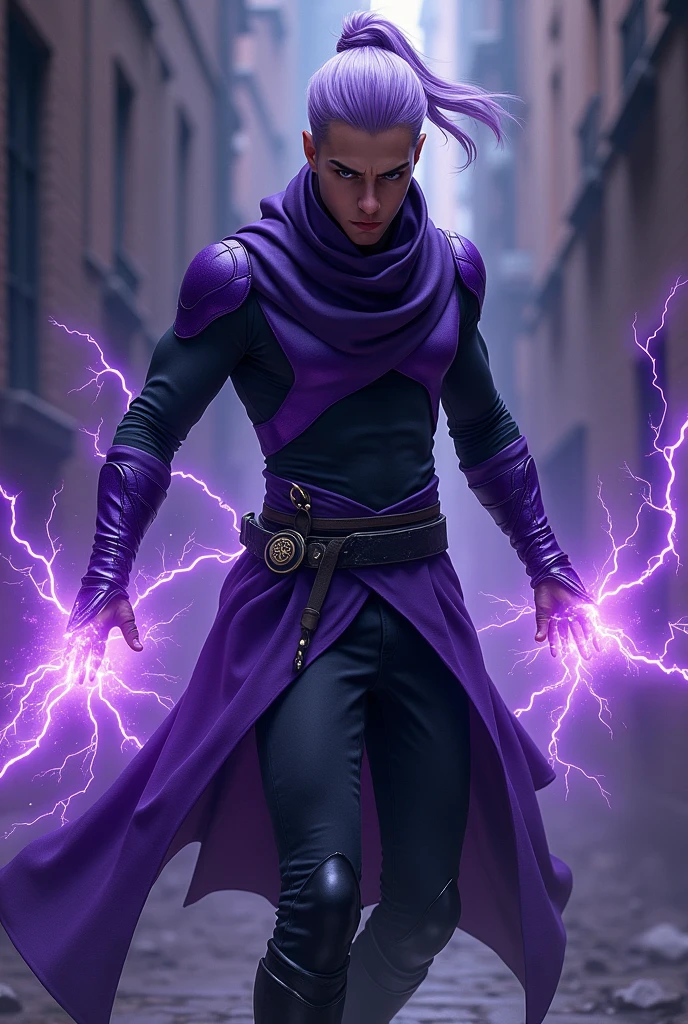 magnetic male ninja, purple and black ninja suit, lavender hair, electric, lightning manipulation