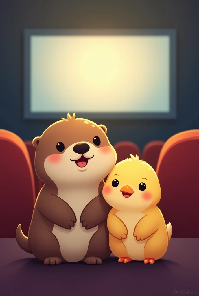 An otter and a chick in the cinema, drawn as cute simple emojis
