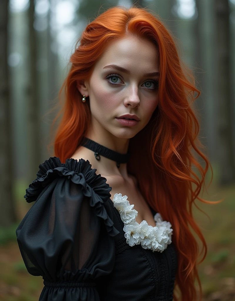 Amouranth, full body, ultra realistic, meticulously detailed, Cannon camera photo, DSLR photo, phot realistic Amouranth, red hair, natural makeup, (natural light, natural lighting:1.2), (beautiful and detailed eyes, beautiful and detailed face) looking directly to the camera, full body photo, selfie, subtle makeup, stunning full body shot, in a mountain forest, (wearing long sleeve gothic style black and white dress:1.25), perfect female body, perfect skin, perfect face. Large breasts. Round ass.