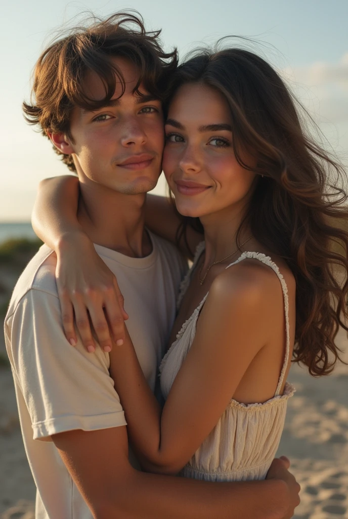 Brunette with wavy hair wearing a dress and taking a selfie with her boyfriend hugging her ,like an amateur photo