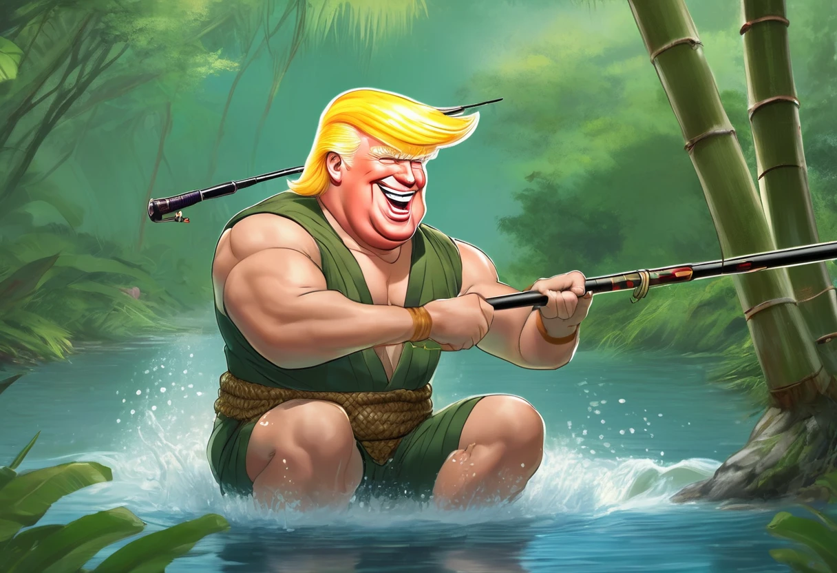 Donald Trump (bandage on one ear, happy grin, muscular, conan outfit) is fishing with a bamboo fishing rod, he is bringing in a large fish that is thrashing, forest pond
