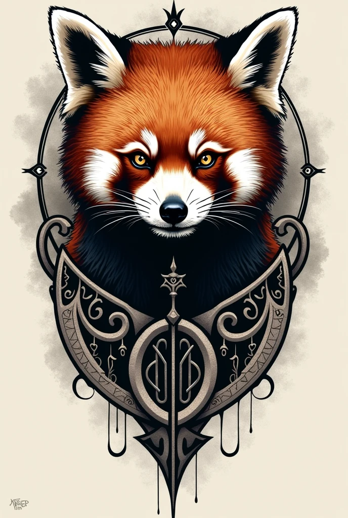 A tattoo of a red panda, black and white eats well-marked lines, in the black work style adds elements of horror and Norse mythology, add nordic runes