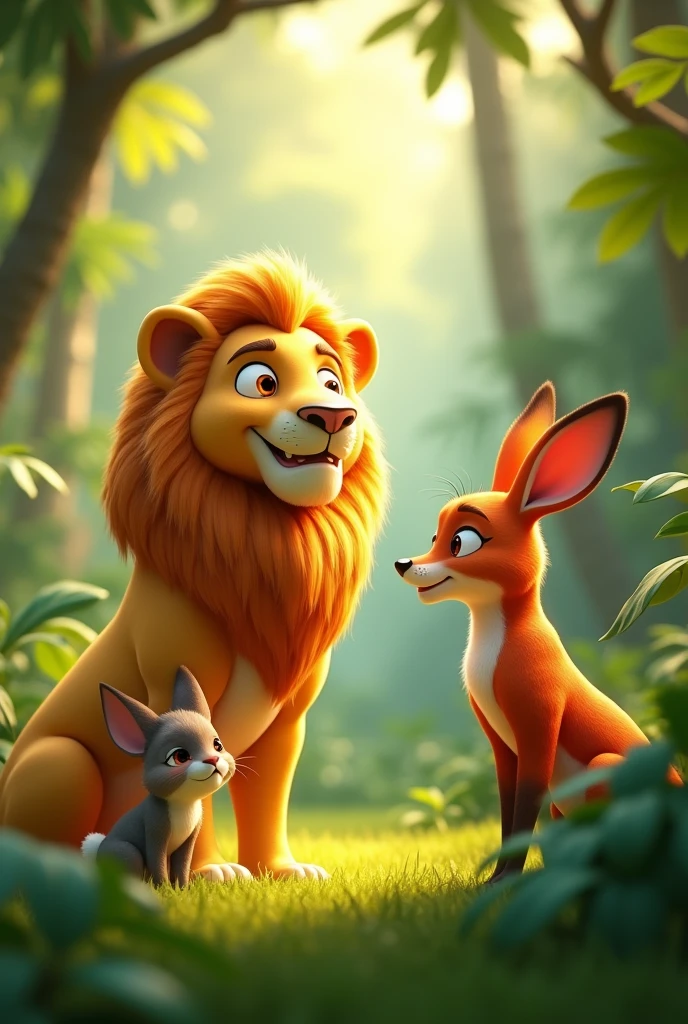In 3d animation style’ 1. Shining Sunlit Jungle Scene: A vibrant jungle with dense trees and greenery, featuring a majestic lion, a sly fox, and a cute rabbit gathered together. The lion is portrayed with a proud expression, while the fox looks cunning, and the rabbit appears thoughtful, planning the race ahead.