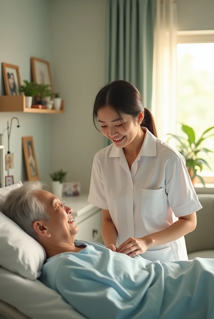 A Thai nurse is providing care for the elderly