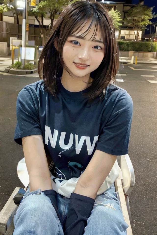 (skin blemish:0.8), (skindentation), black eye, 1woman, 25yo, (((woman))), solo, realistic, best quality, photorealistic, masterpiece, 8k, high res, solo, extremely detailed face, (professional lighting, bokeh), (light particles, lens flare, glowing particles:0.6), (dynamic pose:0.8), soft lighting, top angle view, fashionable and trendy atmosphere, Japan, tokyo, playground, street, city, shop, river, ((daytime)), sky, ((looking at the viewer:1)), (looking at the camera),(portrait:0.6), cowboy shot, gorgeous, sitting, hands down, keep original facial proportion, wide shoulder, full body, (medium breast), (long hair), brown hair, floating hair, lips, lipstick, seductive smile, floating hair, smile, open_mouth, teeth, T-shirt, round neck T shirt, shorts, jeans, eyelashes, mole, (mole under eye:1),
