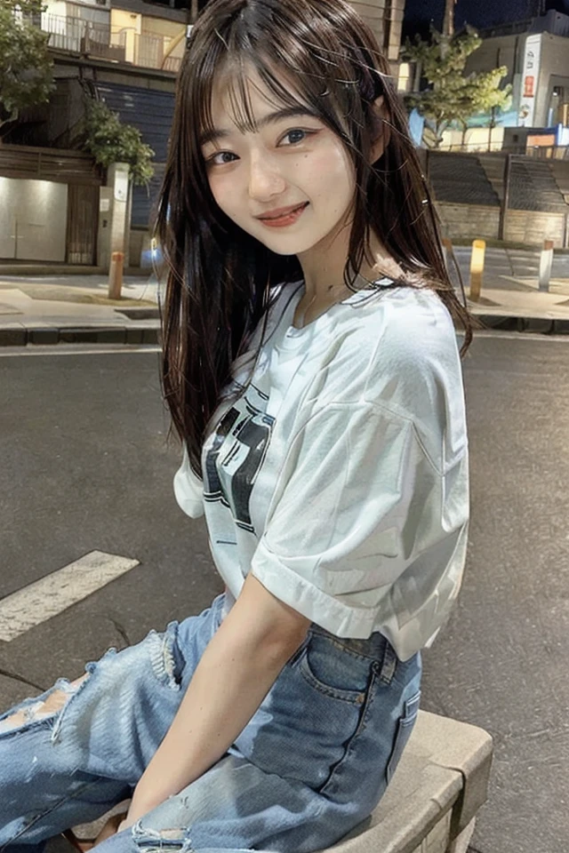 (skin blemish:0.8), (skindentation), black eye, 1woman, 25yo, (((woman))), solo, realistic, best quality, photorealistic, masterpiece, 8k, high res, solo, extremely detailed face, (professional lighting, bokeh), (light particles, lens flare, glowing particles:0.6), (dynamic pose:0.8), soft lighting, top angle view, fashionable and trendy atmosphere, Japan, tokyo, playground, street, city, shop, river, ((daytime)), sky, ((looking at the viewer:1)), (looking at the camera),(portrait:0.6), cowboy shot, gorgeous, sitting, hands down, keep original facial proportion, wide shoulder, full body, (medium breast), (long hair), brown hair, floating hair, lips, lipstick, seductive smile, floating hair, smile, open_mouth, teeth, T-shirt, round neck T shirt, shorts, jeans, eyelashes, mole, (mole under eye:1),   