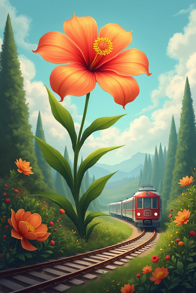Flower with four large petals, long stem and green leaves, surrounded by a circular railway track, with a 4-car train
