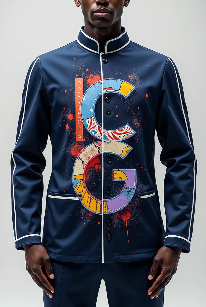 Create a uniform, front side: The ICPG letters are modified into asymmetrical shapes or combined with unusual patterns. Contrasting colors are used to create interest. On the back: There may be graphics that convey creativity or the philosophy of ICPG. The shirt is mainly dark blue with white trim on the edges. The design is modern and beautiful.