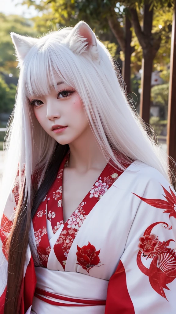 White Demon Fox、Nine-tailed Fox、Japanese women、kimono、Fair skin、Red lines on face、8K、I have long hair