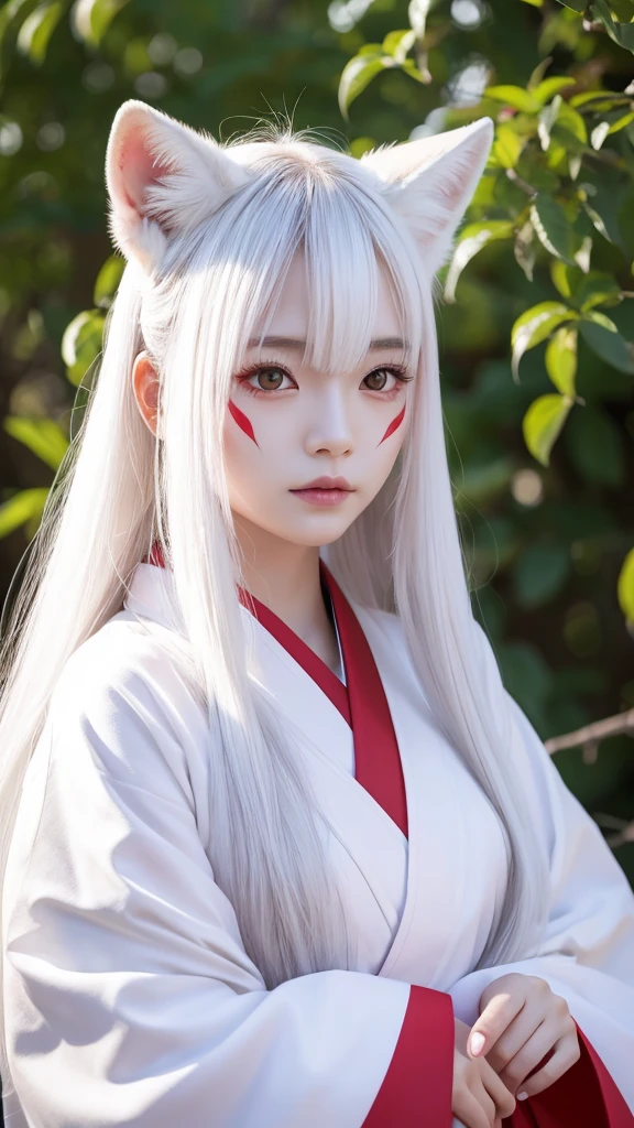 White Demon Fox、Nine-tailed Fox、Japanese women、kimono、Fair skin、Red lines on face、8K、I have long hair