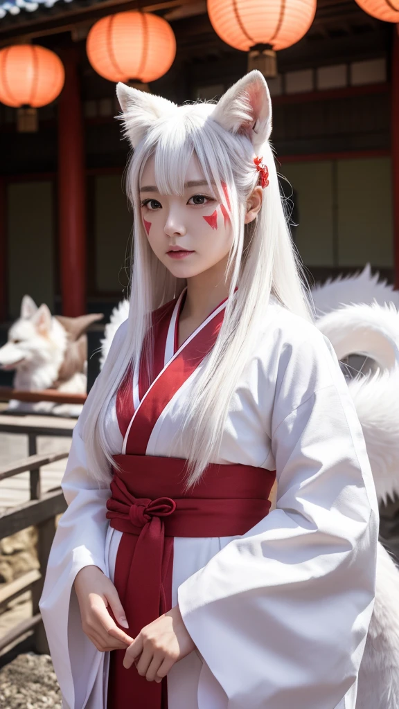 White Demon Fox、Nine-tailed Fox、Japanese women、kimono、Fair skin、Red lines on face、8K、I have long hair