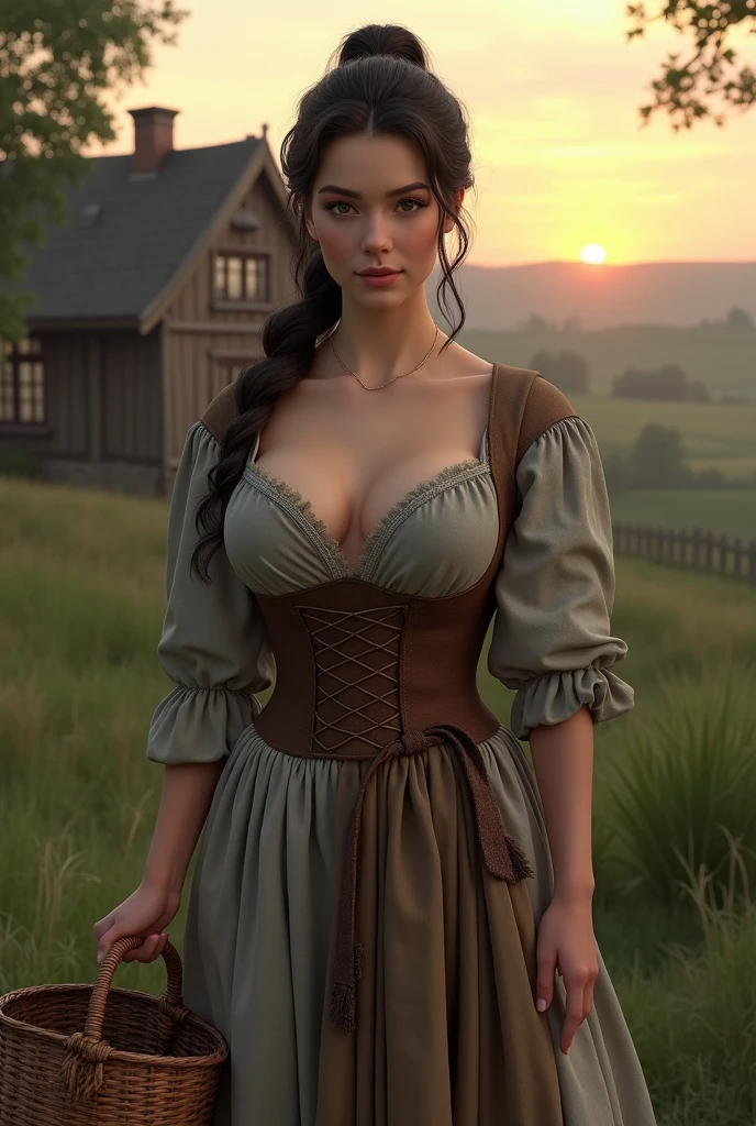 Gorgeous and sultry busty athletic (thin) brunette peasant with sharp facial features wearing a modest updo, huge cleavage, medieval hair cover, rough-spun grey and brown medieval dress, long sleeves, wide neck, long dress, tight bodice, corset, Middle Ages, cottage, farm, exterior, trees, countryside, evening, sunset. large breasts, decolletage. Holding a basket.