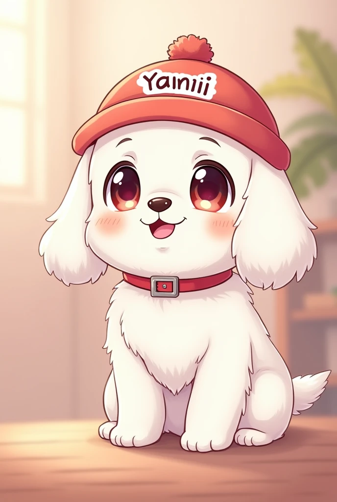 Anime White cute dog  wearing  hat  with Yamii name and collar