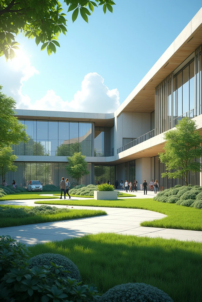 I want an animated image of a company that is a large and spacious building with green areas,
and that the Company's name is Rw
