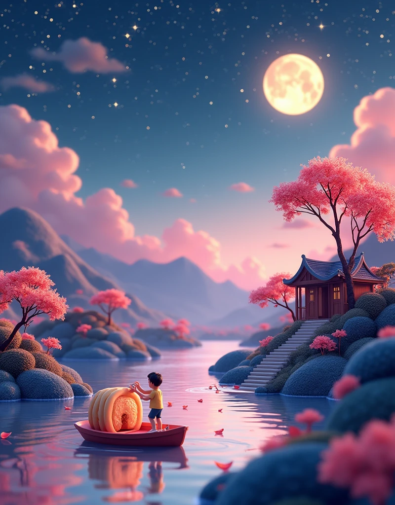 (3D Art,3D Style), 一个Full of tranquility的迷人夜景,Starry Sky,(Mid-Autumn Festival:1.5),Macro lens,desktop,Mid-Autumn Festival,Mini mooncakes,Miniature villains,osmanthus tree,A little person sawing a mooncake,Transporting mooncakes,Half mooncakes with flowing filling,The moon hangs in the sky,desktop散落桂花瓣,Colorful mountains and rivers,蜿蜒的river,Small boat,There is a path on the mountain,There is a small house,(Aesthetics and aesthetics:1.2),Solid color background,miniature photography,Chinese ancient architectural landscape,Chinese landscape painting,Creamy organic fluid,theme,(C4D,OC Rendering),Natural light,jungle,river,Fall,Small pavilion on the mountain,The silver moon shone softly on them,The sky spreads out like velvet dipped in ink,Dotted with countless twinkling stars,These stars look like celestial gems scattered across the vast canvas of the universe.,The air around them is fresh,Full of tranquility,Filled with the quiet intimacy of their shared time,Their surroundings are bathed in the soft glow of the stars and the moon.,Providing just enough light to illuminate their faces and the intricate details around them,Create a dreamy、Almost surreal atmosphere,((((8k,Bright colors,Bright,Ultra high saturation,RGB color, Colorful)))),(High contrast:1.5),(whole body:1.8), magazine photography,Popular on social platforms,((Dopamineism)),(((Dopamine color matching))),Dopamine,(in the style of Y2K),Luo Erchun,Three-dimensional ancient style,Oriental poetry and painting