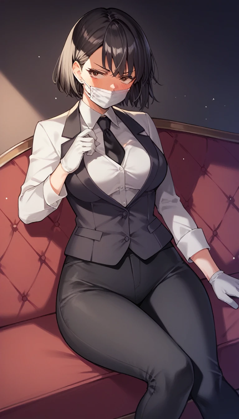 score_9, score_8_up, score_7_up, source_anime, 1girl, brown eyes, room, wariza, short hair, black hair, blush, looking_at_viewer, Frowning face, serious face, looking away, blazer, starshadowmagician, solo, Adult woman, best perfect anatomy, thin, curvy body, medium breasts, curvy body, Hip Level Shot on person, a woman showing disappointed, lonely woman, a woman sitting in sofa, white shirt, black tie, format black vest, Long-sleeved shirt, black trousers, white gloves, wear a white surgical mask, dynamic angle. no light source, dark background, night days, sitting hotel room background, 