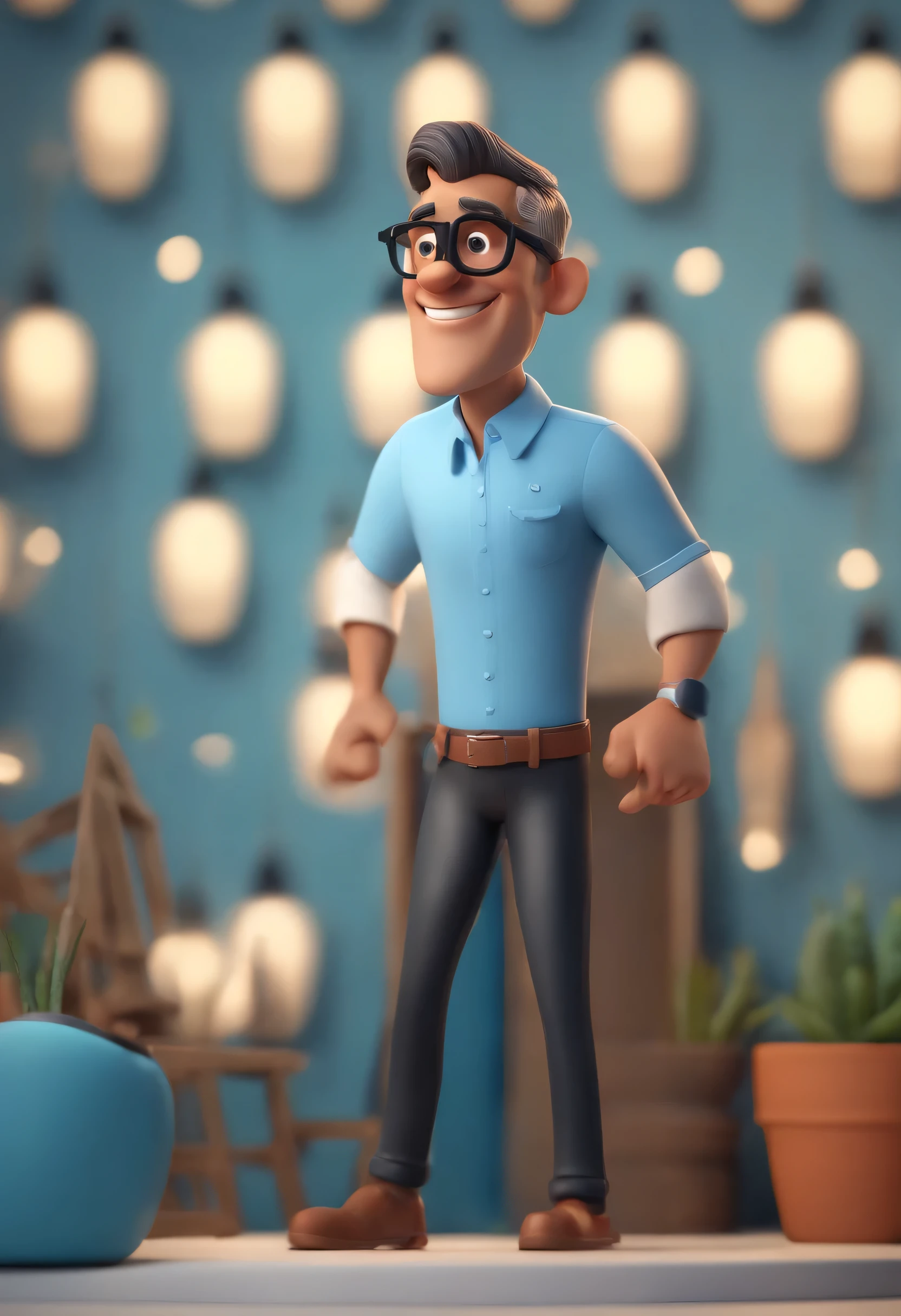 Cartoon character of a man in black glasses and blue shirt, an animated character, stylized character, animation style rendering, 3d stylized, Arnold Maya rendering, Stylized 3D rendering, toon render screenshot, 3d character, 3d character, Stylized 3D rendering, 3D character rendering, cartoon character, Personagem de close up, character posing, (Pixar-style) (master part:1.2) (bokeh) (best qualityer) (skin detailed) (detailed texture) (8k) (Argilla) (cinematic lighting) (sharp focus,Sit down and lift your upper body