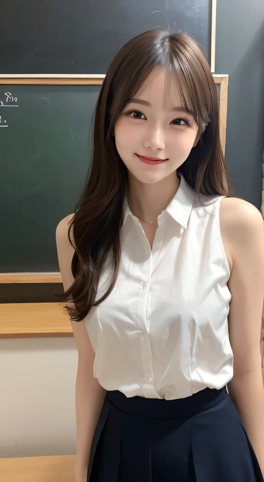 Tabletop, Highest quality, figure, Very detailed, In detail, High resolution, 8k wallpaper, Perfect dynamic composition, Beautiful attention to detail, Straight hair,Small breasts、Natural color lip, Randomly sexy poses,smile、20-year-old girl、cute、sexy shot looking at camera,Perfect and beautiful face、Sleeveless shirt、Collared shirt、24-years-old、female teacher、mermaid skirt、smile、Simple Necklace、staff room、School、