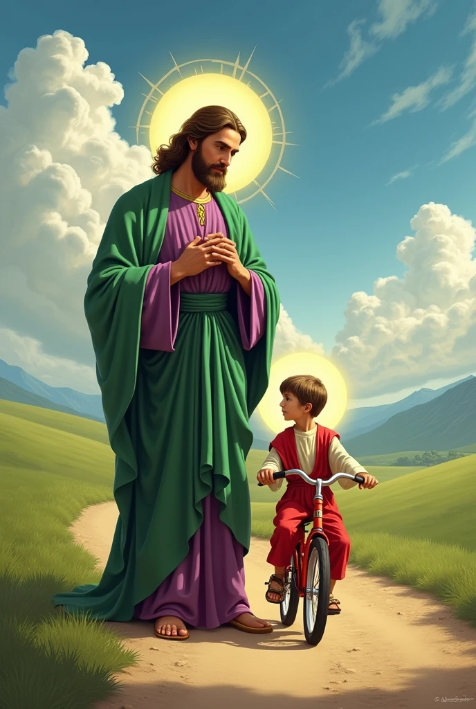 Saint Joseph standing in a green and purple outfit with a yellow halo around his head on a dirt road and in front of him his son Jesus Christ aged 10 wearing a red and white outfit with a yellow halo around his head riding a small bicycle in a sideways position with a very bright sun and clouds in the sky